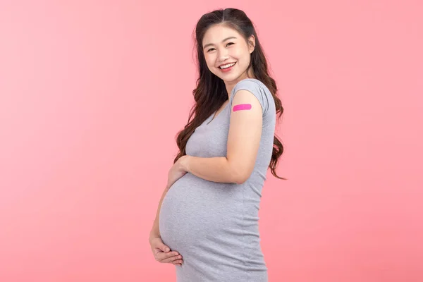 Zwangere Aziatische Vrouw Glimlach Geluk Ontvangen Virus Vaccin Vrolijk Met — Stockfoto