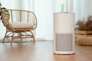 Evdeki toz PM2.5 HEPA 'yı filtre ve temizlik için, temiz hava ve sağlıklı yaşam için, rahat beyaz yatak odasındaki hava temizleyicisi, Hava Kirliliği Konsepti