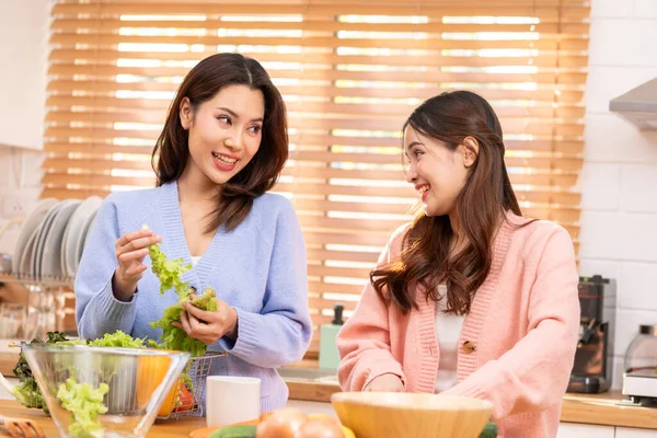 Couple Lgbtq Lover Cooking Kitchen Together Smile Laughing Happiness Tender Stock Photo