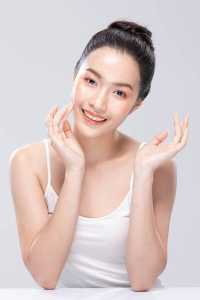 Beautiful Asian Woman Looking Camera Smile Clean Fresh Skin Happiness Stock Image