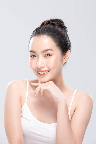 Beautiful Asian Woman Looking Camera Smile Clean Fresh Skin Happiness Stock Photo