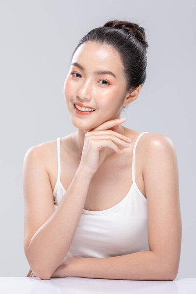 Beautiful Asian Woman Looking Camera Smile Clean Fresh Skin Happiness Royalty Free Stock Photos