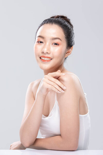 Beautiful Asian Woman Looking Camera Smile Clean Fresh Skin Happiness Royalty Free Stock Images