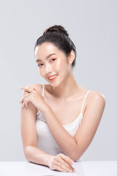 Beautiful Asian Woman Looking Camera Smile Clean Fresh Skin Happiness Stock Picture