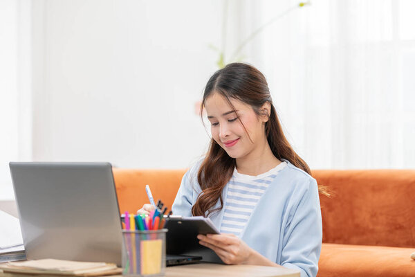Beautiful Asian Young Woman Wear Casual Sit Couch Using Computer Stock Image
