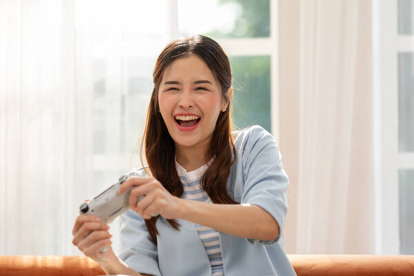 Asian Young Woman Using Joystick Controller Playing Video Game Female Stock Picture
