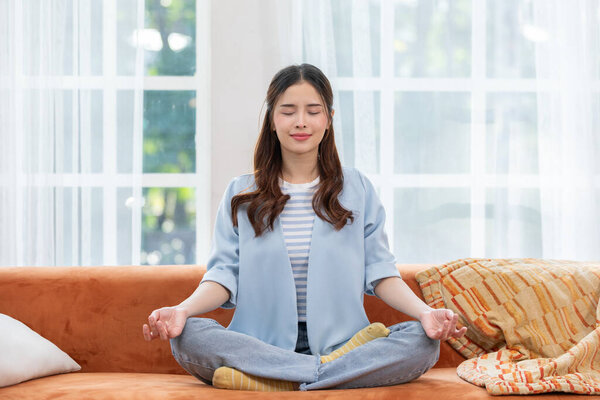 Clam Asian Young Woman Doing Yoga Lotus Pose Meditation Relax Royalty Free Stock Images