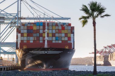 Port of Los Angeles, California, United States - December 26, 2021: container ship MSC Aries shown docked at at APM Terminals.