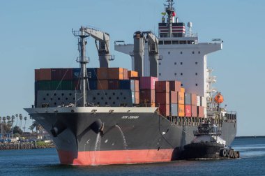 Port of Los Angeles, California, United States - February 7, 2023: container ship NYK Joanna registered in Singapore shown entering the port.
