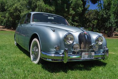 1960 'ların Jaguar MK2' si 27 Ağustos 2023 'te ABD' nin San Marino kentindeki Lacey Park 'ta çimlerin üzerinde parketmiş..