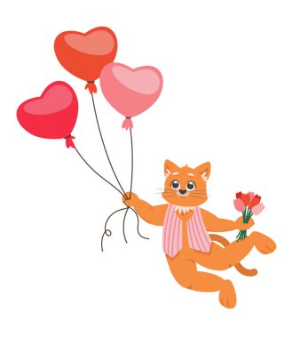 Cat in love fly with balloons and flowers. Cute cartoon illustration.