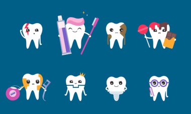 Dişleri farklı pozlarda. Düz stilde sevimli karakterler.