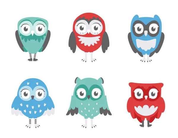Set Different Owls Cute Birds Flat Style — Stock Vector
