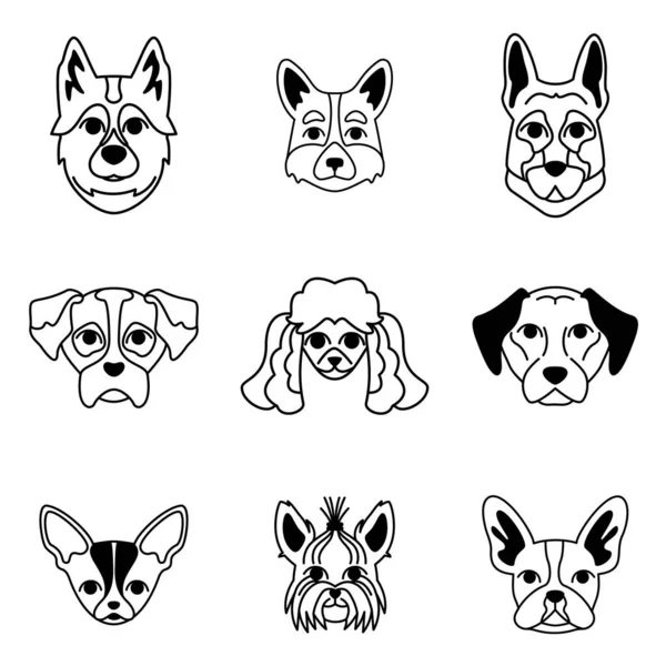 犬の顔のコレクション アウトラインスタイルで異なる品種のセット — ストックベクタ
