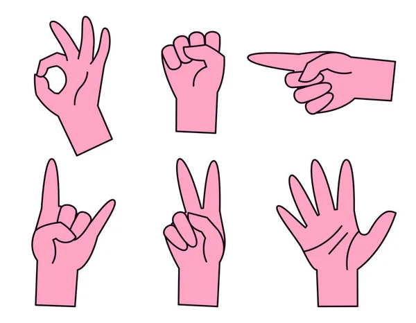 Set Hands Different Gestures Body Parts Lineal Flat Style — Stock Vector