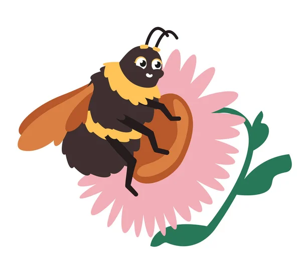 Bumblebee Sedí Kytce Hmyz Kresleném Stylu — Stockový vektor