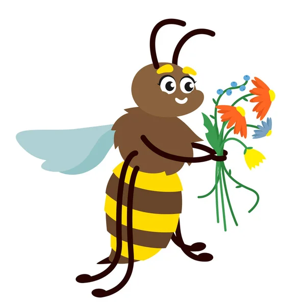 Μέλισσα Κρατώντας Άγρια Λουλούδια Έντομα Στυλ Κινουμένων Σχεδίων — Διανυσματικό Αρχείο