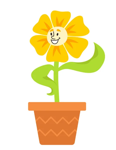 鉢植えの花が葉を振っています 漫画風の架空のキャラクター — ストックベクタ