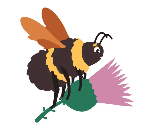 Bumblebee Flyger Med Blommor Insekt Tecknad Stil — Stock vektor