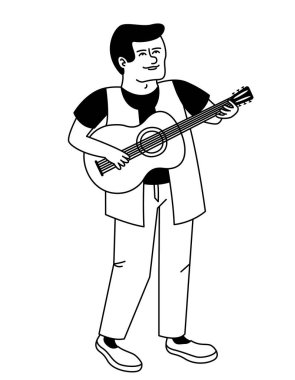 Adam akustik gitar çalıyor. Ana hatlarıyla caz müzisyeni..