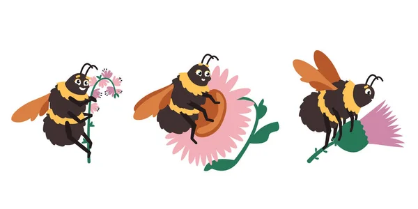 Bumblebee Pose Diverse Insetto Stile Cartone Animato — Vettoriale Stock