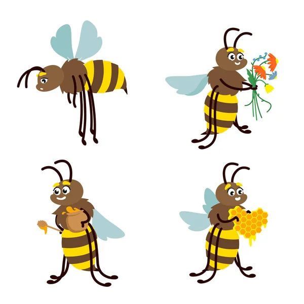 Abeja Diferentes Poses Insecto Estilo Dibujos Animados — Vector de stock