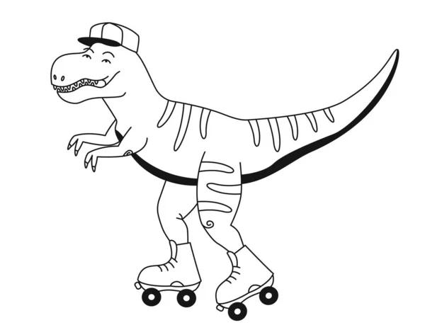 Tyrannosaurus Rides Roller Skates Funny Predator Outline Style — Stock Vector