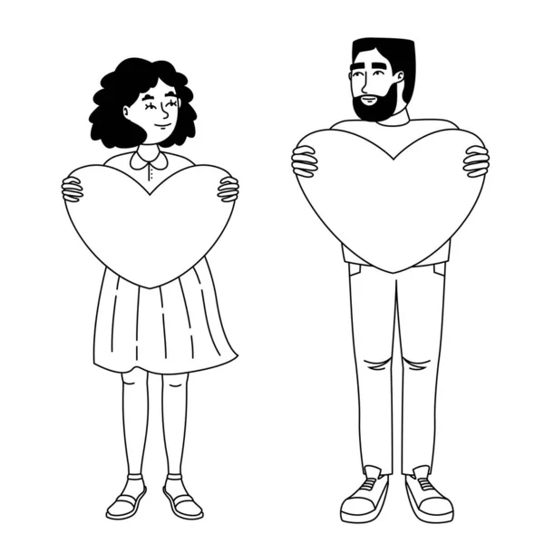 男人和女人抱着大大的心 轮廓风格的男女角色 — 图库矢量图片