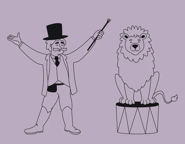 Εκπαιδευτής Λιοντάρι Χαρακτήρας Τσίρκου Στυλ Περιγράμματος — Διανυσματικό Αρχείο