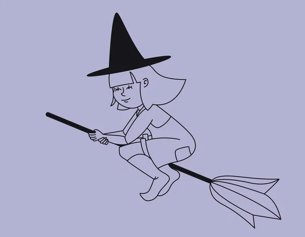 Hexe Fliegt Auf Besen Halloween Charakter Umrissen — Stockvektor