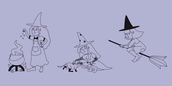 ilustração de halloween desenhada à mão de bruxas fofas voando com