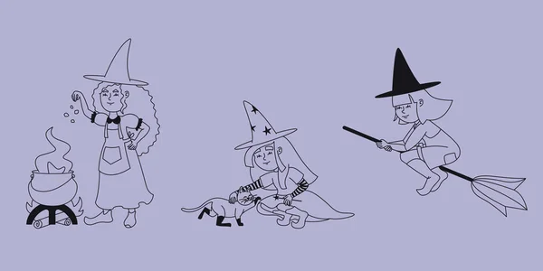 Farklı Pozlarda Bir Grup Cadı Ana Hatlarıyla Cadılar Bayramı Karakterleri — Stok Vektör