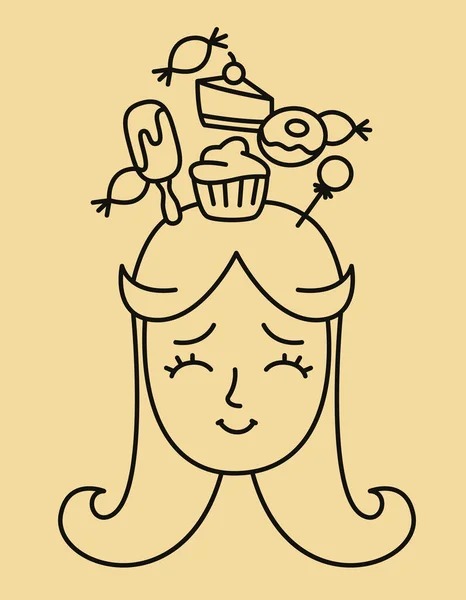 Frauenporträt Mit Gedanken Über Süßigkeiten Weiblicher Kopf Doodle Stil — Stockvektor