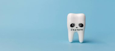 Mavi arka planda beyaz diş modeli. Mesaj için yer var. Uzayı kopyala Kapatın. Diş sağlığı konsepti. Düz yatıyordu. Stomatoloji. Mesaj için yer. Ağız sağlığı ve diş muayenesi. Dişçilik.