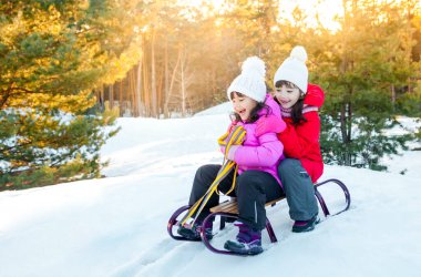 Mutlu komik çocuklar ormanda karlı yolda kızaklara biniyor. Aile kış yürüyüşünde. İki küçük kız tepeden kayıyor. Çocuklar karda ata biner. Metin için yer