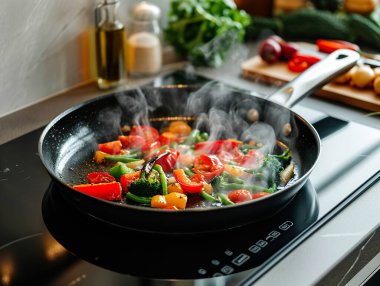 Elinde maşa olan bir aşçının eli, dokunmatik kontrollü seramik bir hobin tepesinde bir parça et pişiriyor..