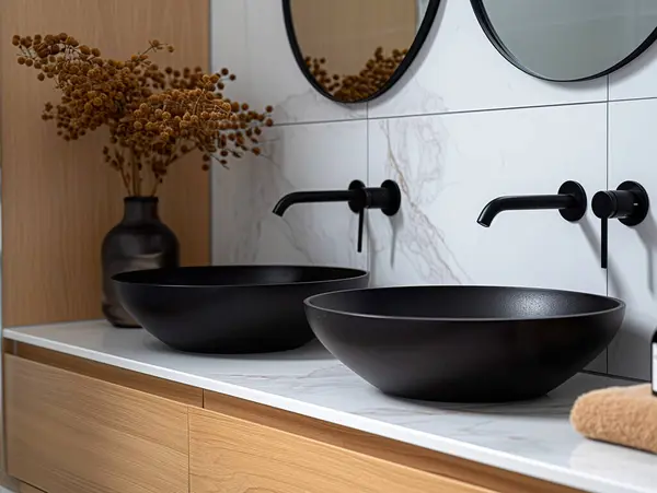 Duvara monte edilmiş ahşap kibir, siyah lavabo ve hap şeklindeki aynalarla dolu bir banyo. Otel odası. Zarif daire.