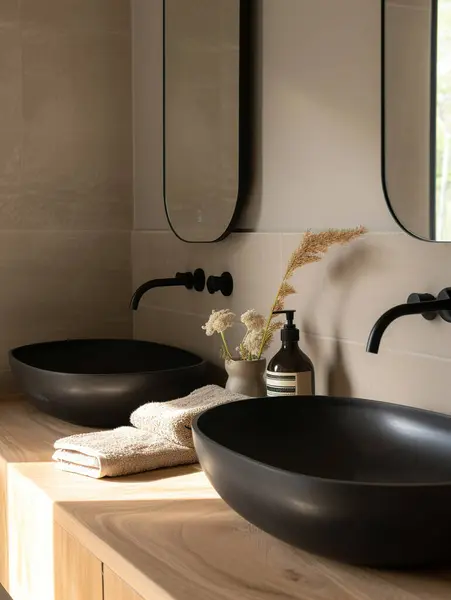 Duvara monte edilmiş ahşap kibir, siyah lavabo ve hap şeklindeki aynalarla dolu bir banyo. Otel odası. Zarif daire.