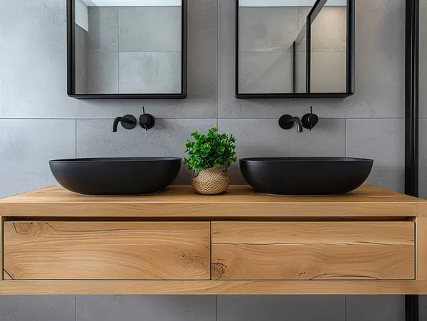 Duvara monte edilmiş ahşap kibir, siyah lavabo ve hap şeklindeki aynalarla dolu bir banyo. Otel odası. Zarif daire.