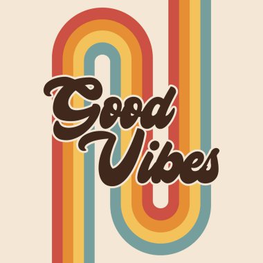 Retro Good Vibes Gökkuşağı Pozitif Mesaj Boho Grafiksel, Klasik Tipografik Harfler, 70 'lerin Hippi Sanatı, Havalı Sanatsal Yazı Tipi, Çizgili Tasarım, Etiket veya Kart Konsepti