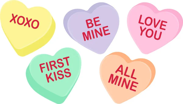 Candy Heart Sayings Sweethearts Valentines Day Sweets Sugar Food Message — Vector de stock