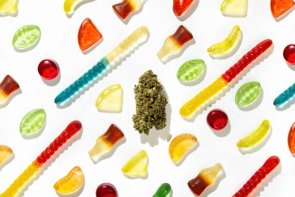 Gummies Different Shapes Flavors Colors Dried Cannabis Bud Lies White — Stock Photo, Image