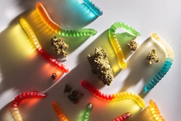 Beyaz Arka Planda Kurumuş Marihuana Tomurcukları Farklı Renklerde Marmelat Solucanları — Stok fotoğraf