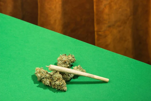 stock image A king size joint lies among dry marijuana buds on a green table against the background of a brown velvet curtain