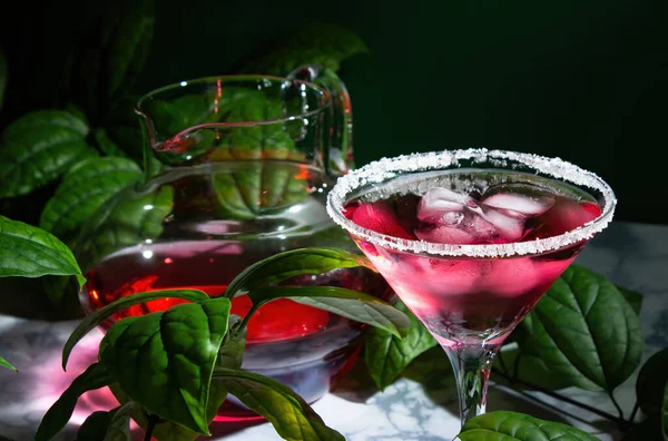 Red Drink Ice Margarita Glass Sugar Rim Background Jug Cocktail — Stock Photo, Image