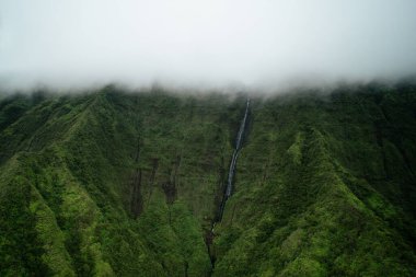 Aerial of Green Cliffs of Na Pali Coast on Kauai, Hawaii. High quality photo. Lush green giant cliffs shot from a helicopter tour along Kauais Northeast coast.