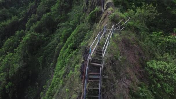 Drone Aéreo Escalera Cielo Caminata Oahu Hawaii — Vídeo de stock
