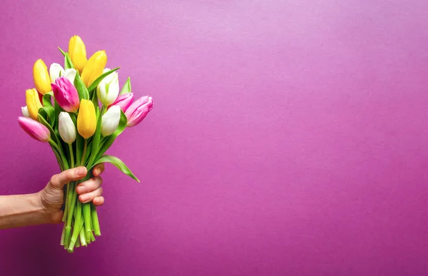 Anyák Napi Üdvözlőlap Sablon Friss Tulipánok Elölnézete Rózsaszín Háttérrel Szemben — Stock Fotó