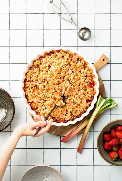 Rhubarb Strawberry Cobbler Ready Serve Eat Top View — Stock Photo, Image
