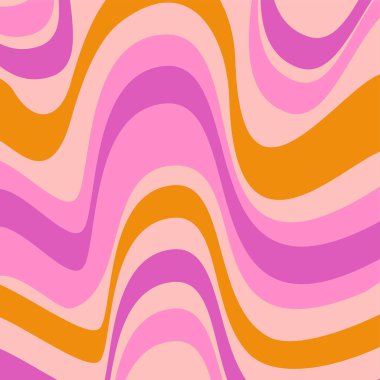 Harika Dalgalar Kusursuz Şablon. 1970 'lerde Tekstil, Ambalaj Kağıdı, Web Tasarımı ve Sosyal Medya için Psikedelik Soyut Eğri Vektör Arkaplanı. Pembe, Turuncu, Mor Renkler.